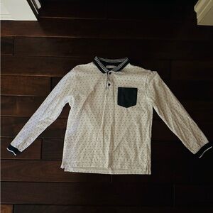 Zara Boys White Polka Dot Polo long sleeve Shirt with Black Accents